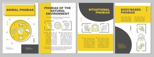 fobi kategorier gul broschyr mall. allmänning typer av rädslor. folder design med linjär ikoner. 4 vektor layouter för presentation, årlig rapporterar.