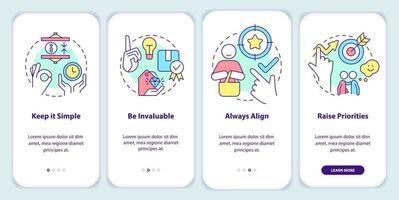 komponenten der kommunikation beim onboarding des mobilen app-bildschirms. Komplettlösung verkaufen 4 Schritte bearbeitbare grafische Anweisungen mit linearen Konzepten. ui, ux, gui-Vorlage. vektor
