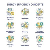 Symbole für Energieeffizienzkonzepte festgelegt. Elektrizität und Energieeinsparung. Nachhaltigkeitsidee dünne Linienfarbillustrationen. isolierte Symbole. editierbarer Strich. vektor