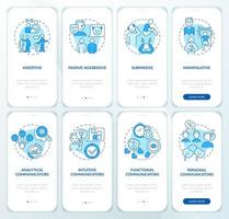 arten von kommunikationsstilen blauer onboarding mobiler app-bildschirmsatz. Komplettlösung 4 Schritte grafische Anleitungsseiten mit linearen Konzepten. ui, ux, gui-Vorlage. vektor