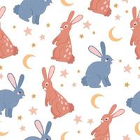 sömlös mönster med kaniner, måne och stjärnor. vektor platt illustration för barn tyg, textil, barnkammare tapet.