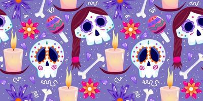 muertos mönster med skalle, ljus och ben. mexico dag död- Semester. blommig skalle ansikte. blommig sömlös bakgrund. halloween sömlös mönster. lila bakgrund. vektor