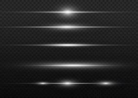 Packung mit weißen horizontalen Blendenflecken. Laserstrahlen, horizontale Lichtstrahlen. schöne Lichtblitze. blitzlicht mit feenstaubfunken und weißen sternen leuchten. staubiges Glanzlicht. vektor