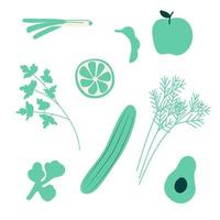 abstrakt enkel grön frukt grönsaker grönt uppsättning, vegeterian mat samling. färsk klotter barn purjolök grön lök, ärtor äpple persilja dill gurka avokado broccoli skriva ut mönster vektor illustration