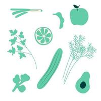 abstraktes einfaches grünes obst-gemüse-gemüse-set, vegetarische lebensmittelsammlung. Frische Doodle Kinder Lauch Frühlingszwiebeln, Erbsen Apfel Petersilie Dill Gurke Avocado Brokkoli Druckmuster Vektor Illustration