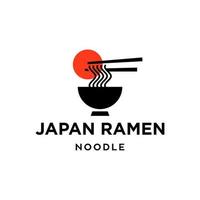 Ramen-Nudeln asiatisches Essen Logo-Design mit Essstäbchen und japanischer roter Sonnenflagge Restaurant-Logo-Vektor vektor