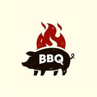Schwein Hot Barbeque Logo, Schweinefleisch auf rotem Feuer Flamme Maskottchen rustikale Vintage-Logo-Icon-Vorlage geeignet für BBQ-Grill-Restaurant und Café-Lebensmittelgeschäft vektor
