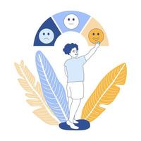 respons begrepp. kille väljer positiv bedömning för service eller produkt, respons från klient, tillfredsställelse skala emoji leende. förträfflighet ranking eller företag rykte vektor illustration webb baner