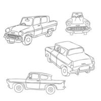 översikt hand dragen retro bil i främre, sida och isometrisk vyer. årgång bil silhuetter uppsättning. vektor illustration