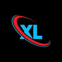 xl logotyp. xl design. blå och röd xl brev. xl brev logotyp design. första brev xl länkad cirkel versal monogram logotyp. vektor
