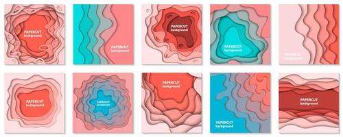 Vektorsammlung von 10 Hintergründen mit bunten pastellfarbenen Papierschnittformen. 3D abstrakter Papierkunststil, Designlayout für Geschäftspräsentationen, Flyer, Poster, Drucke, Dekoration, Karten, Broschüren vektor