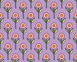 grooviger hintergrund. Nahtloses helles Wiederholungsmuster aus einfachen blühenden Blumen im psychedelischen Hippie-Stil der 1970er Jahre. grafisches Dekorornament im Retro-Design. Vektor-Illustration vektor