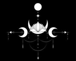 trippel- måne, helig geometri, mystisk pilar och halvmåne måne, sacral lotus blomma, prickad rader i boho stil, wiccan ikon, alkemi esoterisk mystisk magi tecken. vektor isolerat på svart bakgrund