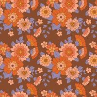 70er Jahre groovige Blume nahtloses Muster mit braunem Hintergrund und lila Blättern. Vintage-Herbstdesign im Retro-Stil. Hippies Blumenvektorkunstillustration. Boho-Chic. vektor