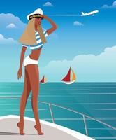 digitale Illustration eines schönen blonden Mädchens im Sommer im Urlaub auf einer Kreuzfahrt in der Kappe eines Kapitäns auf einer Yacht, die fröhlich ein Flugzeug fliegen und Boote schweben sieht