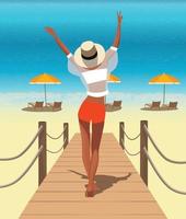 digital illustration av känslor av lycka och glädje av en flicka i sommar på semester promenader längs de pir till de bro till de hav i en bikini och en hatt till solbada och simma vektor