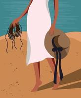 Vektorgrafik eines Mädchens im Sommer im Urlaub, das mit Schieferschuhen in der Hand und einem Hut in der Hand am Strand entlang auf dem Sand spazieren geht vektor