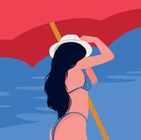 vektor illustration av en flicka i en bikini under en Sol paraply vilar solbränna på de strand i de tropikerna på semester förbi de hav hav