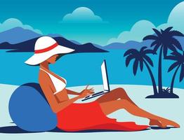 junge Geschäftsfrau, die remote an einem Laptop an einem tropischen Strand arbeitet. freiberufliche frau, die an laptop arbeitet, weibliche figur im freien mit pc im resort. Cartoon-Menschen-Vektor-Illustration blaue Palette vektor