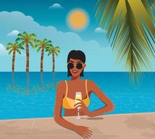 digital illustration av en Lycklig flicka i sommar på semester simmar i de slå samman på en bakgrund av handflatan träd innehav en glas av champagne i henne hand vektor