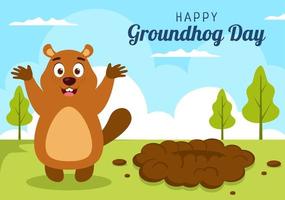 Lycklig groundhog dag på februari 2 med söt murmeldjur karaktär och trädgård bakgrund mall hand dragen tecknad serie platt illustration vektor