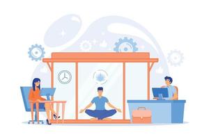 företag människor arbetssätt på bärbara datorer i kontor med meditation och koppla av område. kontor meditation rum, meditation pod, kontor avkopplande plats begrepp. platt vektor modern illustration