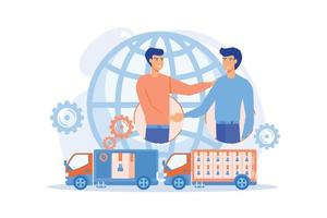 weltweiter Versandservice, internationale Distribution. kollaborative logistik, lieferkettenpartner, frachtkostenoptimierungskonzept. flache Vektor moderne Illustration