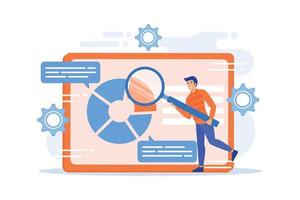 Scannen von Geschäftsdokumenten. Elektronisches Online-Dokument mit Kreisdiagramm-Infografiken. Datenanalyse, Jahresbericht, Ergebniskontrolle. Mann mit Lupe. flache vektorillustration vektor