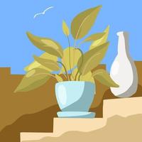 Topfpflanze und weiße Vase auf einer alten Treppe. vektorillustration in einem minimalistischen stil. Sommer sonniger Tag. handgezeichnete Kunst für Sommerkarten, Poster usw. vektor