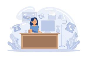 arbete på Hem begrepp design. frilans kvinna arbetssätt på bärbar dator på henne hus, klädd i Hem kläder. platt vektor illustration