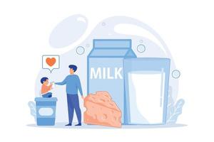 Milchprodukte, Käse, Joghurt und Kinder trinken gerne Milch, kleine Leute. milchprodukte, ernährung auf milchbasis, produktionskonzept für milchprodukte. flache Vektor moderne Illustration