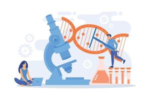 Mikroskop und Wissenschaftler ändern die DNA-Struktur. gentechnik, genetische modifikation und genmanipulationskonzept auf weißem hintergrund. flache Vektor moderne Illustration