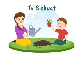 tu bishvat mall hand dragen tecknad serie platt illustration blomning träd med objekt av sju arter av frukt på vit bakgrund design vektor