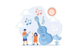 Glückliche Kinder singen und spielen gerne Gitarre im Sommercamp, kleine Leute. musikalisches camp, junge musiktalente, musik- und liedkurskonzept. flache Vektor moderne Illustration