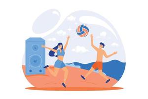 strand fest. sommar semester aktiviteter. ung människor spelar volleyboll på sandig kust och lyssnande till musik. sport, tropisk, sommartid. boll spel. vektor