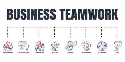Business-Teamwork-Banner-Web-Icon-Set. hilfe, wachstum, entwicklung, kommunikation, partnerschaft, teamarbeit, führung, erfolgsvektorillustrationskonzept. vektor