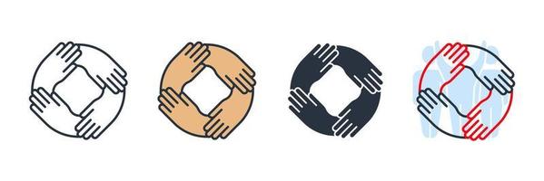vier Hände, die für die Logo-Vektorillustration des Handgelenksymbols zusammenhalten. Teamwork-Symbolvorlage für Grafik- und Webdesign-Sammlung vektor