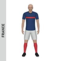 3d realistisk fotboll spelare mockup. Frankrike fotboll team utrustning temp vektor