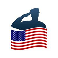 hälsning soldat silhuett med amerikan flagga vektor