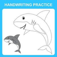 handstil öva. spår de rader och Färg de haj. pedagogisk barn spel, färg ark, tryckbar arbetsblad. vektor illustration
