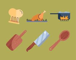 sechs ikonen für küchenutensilien vektor