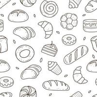 en mönster av bakad varor dragen i de stil av klotter. svart och vit bröd, kaka, monchik, croissant. vektor illustration på en vit bakgrund.