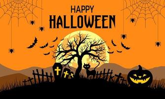 happy halloween orange hintergrund vollmond mit spinnen, katze, kürbis, friedhof und bats.vector illustration. vektor