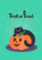 Süßes sonst gibt's Saures Halloween-Grußkarte mit süßem schwarzem Kätzchen und Kürbislaterne. handgezeichnete beschriftung und vektorillustration. vektor