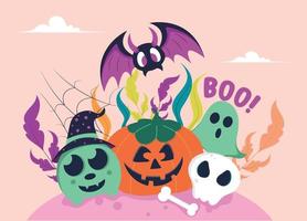 Lycklig halloween platt element vektor mall. barn i Spindel, spöke, skalle, pumpa, fladdermus och häxa bua illustration med typografi.