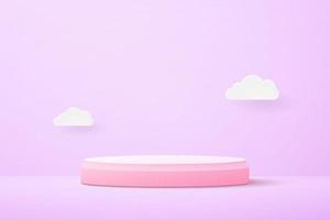 pastell rosa 3d podium på ljus lila bakgrund och papper skära moln. vektor illustration. eps10