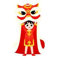 söt flicka i kinesisk nationell kostym dans lejon dansa i tecknad serie stil för lunar ny år dekorativ element vektor