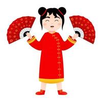 söt flicka i kinesisk nationell kostym innehav röd fläktar i tecknad serie stil för lunar ny år dekorativ element vektor