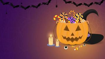 Halloween-Hintergrund mit Süßigkeiten, Kürbiskorb, Hexenhut und Kerzen vektor