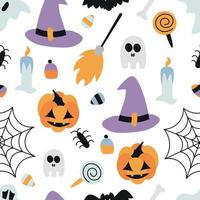 halloween objekt sömlös mönster. bakgrund för tapeter, textilier, papper, tyger, webb sidor. årgång stil. vektor